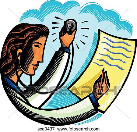 Stock Illustration - A female doctor writing notes while holding her stethoscope. Fotosearch