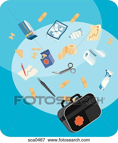A first aid kit on a blue background View Large Illustration Stock Illustration - A first aid kit on a blue background. Fotosearch