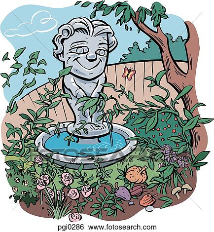 A fountain statue in the center of a garden View Large Illustration Stock Illustration - A fountain statue in the center of a garden. Fotosearch