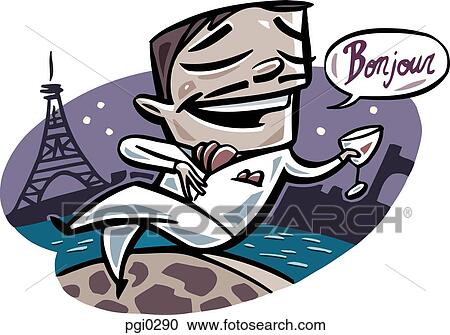Clipart - A French man relaxing with a glass of wine. Fotosearch