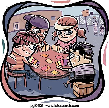Stock Illustration - A group of kids playing poker and two kids playing basketball in the background. Fotosearch