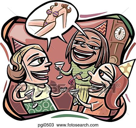 Drawing - A group of women toasting to the new year's diet resolution. Fotosearch