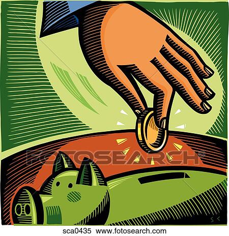 A hand putting a coin into a piggy bank View Large Illustration Stock Illustration - A hand putting a coin into a piggy bank. Fotosearch