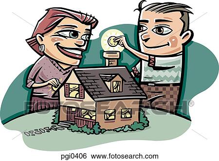 Stock Illustration - A happy couple putting money into a model house. Fotosearch
