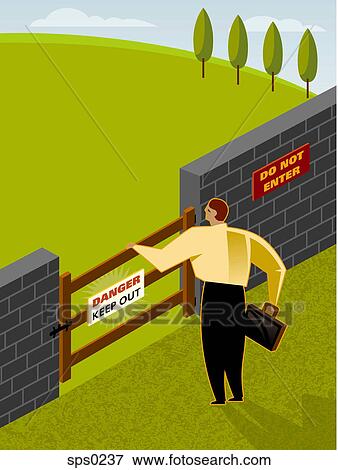Stock Illustration - A man about to enter a danger zone. Fotosearch