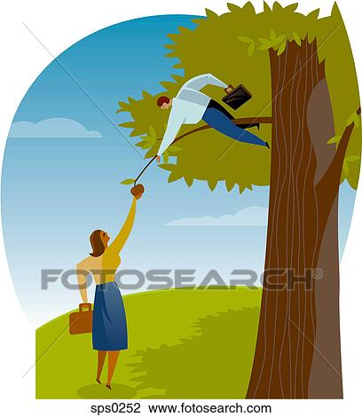 Drawing - A man and woman reaching for an apple on a tree. Fotosearch