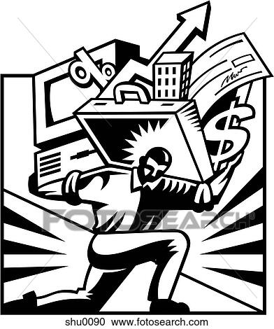 A man carrying a computer and a briefcase stuffed with various items View Large Illustration Clipart - A man carrying a computer and a briefcase stuffed with various items. Fotosearch