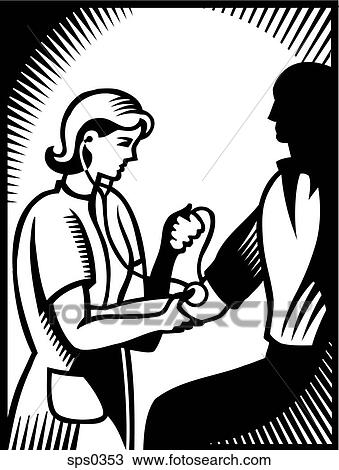 Drawing - A man getting his blood pressure taken drawn in balck and white. Fotosearch