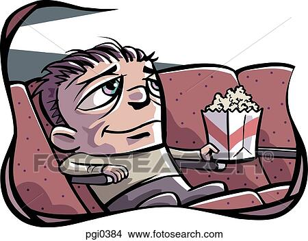 Stock Illustration - A man holding a bag of popcorns and watching a movie by himself. Fotosearch