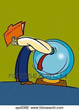 Drawing - A man holding a portfolio sticks his head in a globe. Fotosearch