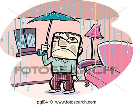 A man holding an umbrella in a leaky house View Large Illustration Clipart - A man holding an umbrella in a leaky house. Fotosearch