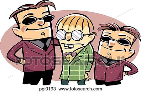 Drawing - A man in glases with two bodyguards flanking him. Fotosearch