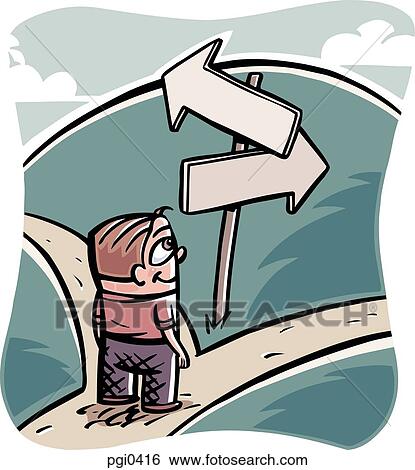Stock Illustration - A man looking at the arrows and deciding which path to take. Fotosearch