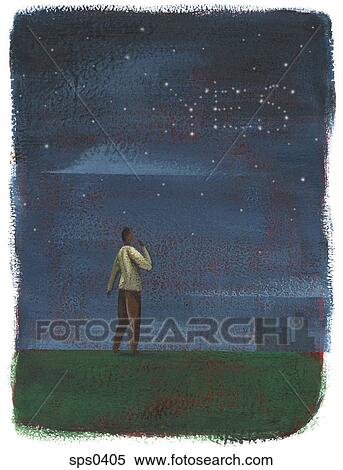 Stock Illustration - A man looking at the stars forming the word "YES. Fotosearch