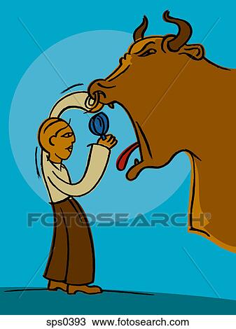 A man looking into a bull's mouth using a magnifying glass View Large Illustration Drawing - A man looking into a bull's mouth using a magnifying glass. Fotosearch
