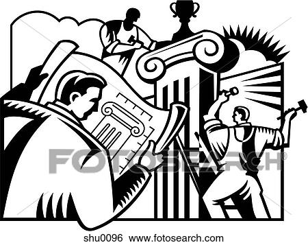 Stock Illustration - A man looks at a building plan, with workers in the background. Fotosearch