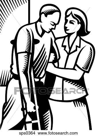 A man on crutches supported by a nurse represented in black and white View Large Illustration Stock Illustration - A man on crutches supported by a nurse represented in black and white. Fotosearch