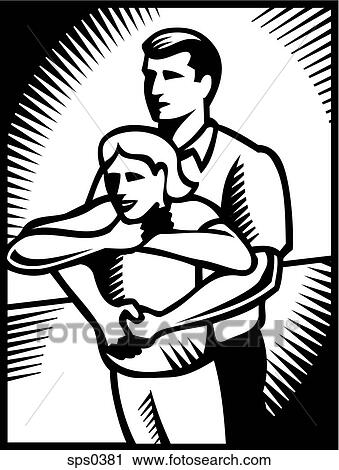 A man performing hymlic maneuver on a girl shown in black and white View Large Illustration Clip Art - A man performing hymlic maneuver on a girl shown in black and white. Fotosearch