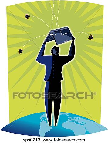 Drawing - A man protecting himself against computer virus. Fotosearch
