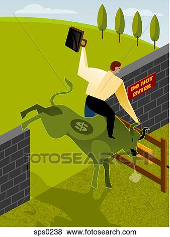 Stock Illustration - A man riding a bull with a dollar sign on it. Fotosearch