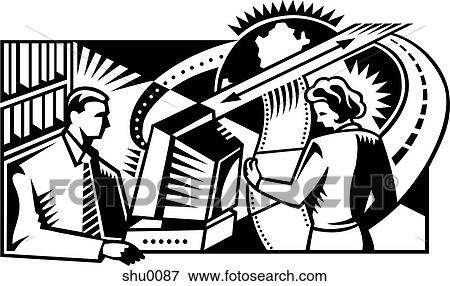 Stock Illustration - A man sending an attachment via email to a woman. Fotosearch