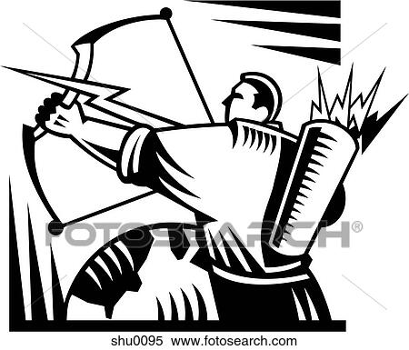 Stock Illustration - A man shooting a lightning-shaped arrow from a bow. Fotosearch