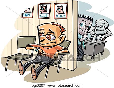 Stock Illustration - A man sitting in the waiting room while the employees look on. Fotosearch