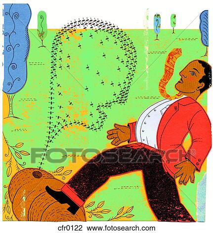 Drawing - A man stepping on a beehive. Fotosearch