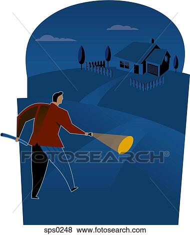 A man walking around with a flashlight View Large Illustration Stock Illustration - A man walking around with a flashlight. Fotosearch