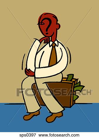 Stock Illustration - A man with a question mark on his face, sits on a briefcase filled with money. Fotosearch