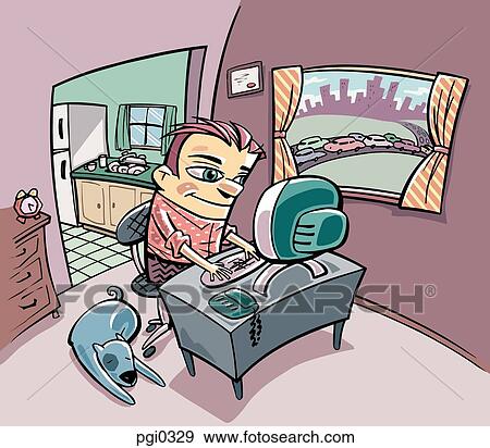 Stock Illustration - A man working from a home office. Fotosearch