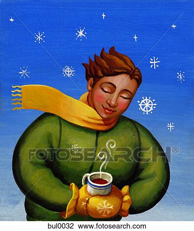 A person holding a hot cup of coffee on a cold winter's day View Large Illustration Drawing - A person holding a hot cup of coffee on a cold winter's day. Fotosearch