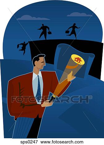 A picture of a realtor guiding business people home by shining a torchlight View Large Illustration Stock Illustration - A picture of a realtor guiding business people home by shining a torchlight. Fotosearch