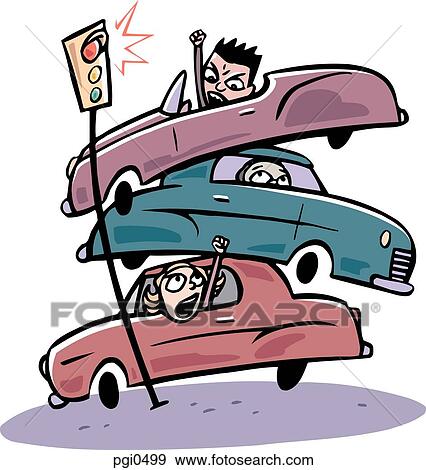 Stock Illustration - A pile up of cars at a traffic light stop. Fotosearch