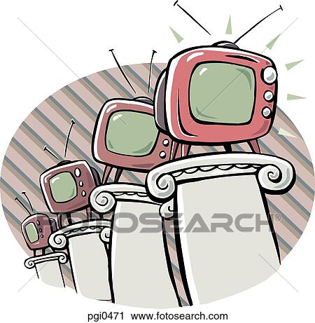 A row of televisions placed on pedestals View Large Illustration Clip Art - A row of televisions placed on pedestals. Fotosearch