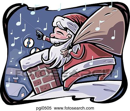 Stock Illustration - A santa putting CDs down a chimney. Fotosearch