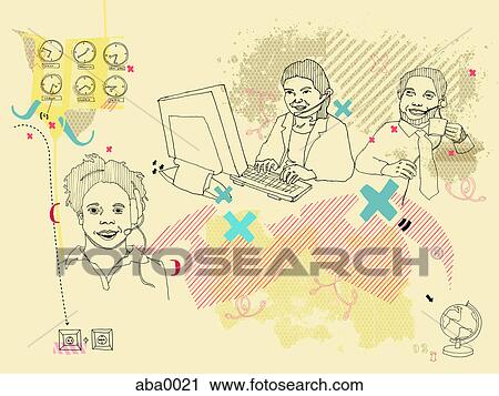 Clip Art - A scene at a call center. Fotosearch