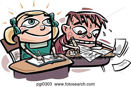 A scene in a classroom showing an enthusiastic girl and a stressed out boy View Large Illustration Drawing - A scene in a classroom showing an enthusiastic girl and a stressed out boy. Fotosearch