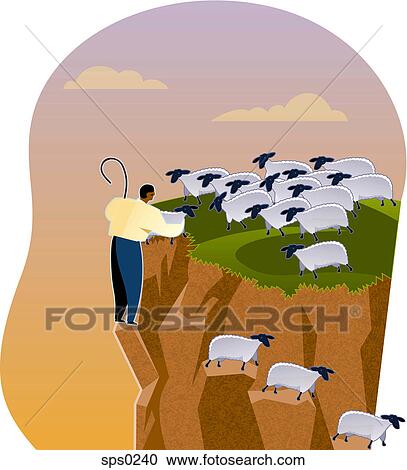 Clipart - A shepherd helping sheep down a cliff. Fotosearch