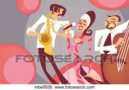 Stock Illustration - A singer singing in tune with saxophone and a cello. Fotosearch