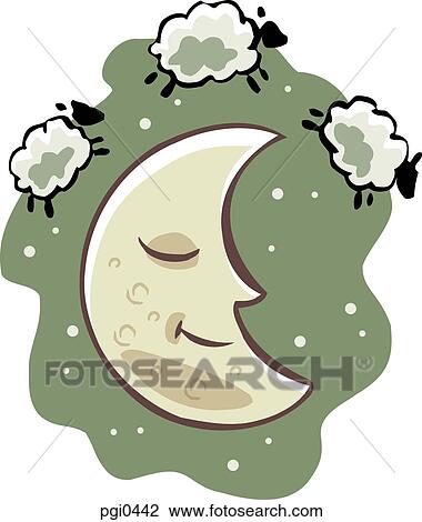 A sleeping moon and the counting sheep View Large Illustration Drawing - A sleeping moon and the counting sheep. Fotosearch