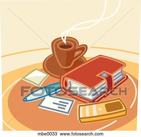 A steaming cup of coffee and some stationeries on a table View Large Illustration Drawing - A steaming cup of coffee and some stationeries on a table. Fotosearch