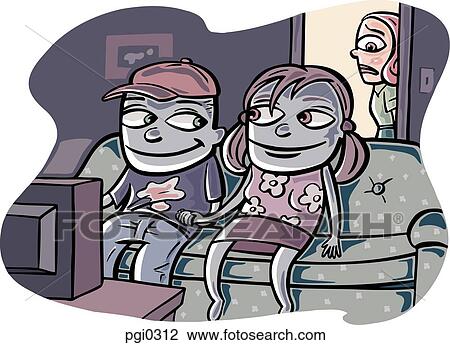 Drawing - A teenage couple watching a movie. Fotosearch