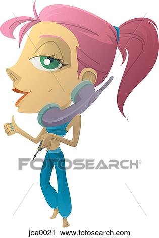 Clip Art - A teenager talking on the phone and applying nail polish. Fotosearch