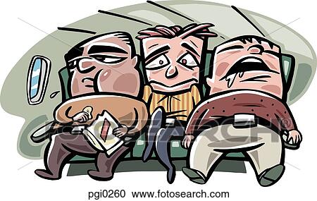 Clipart - A thin man being squeezed by two fat men on a flight. Fotosearch