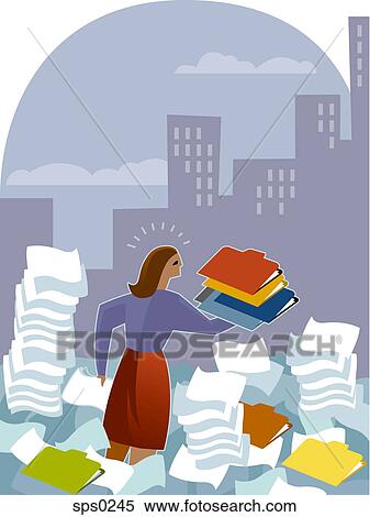 Stock Illustration - A woman amid stacks of file folders and paper. Fotosearch