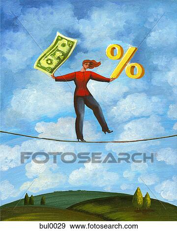 A woman balancing on a rope while holding a dollar bill and a percentage sign View Large Illustration Stock Illustration - A woman balancing on a rope while holding a dollar bill and a percentage sign. Fotosearch