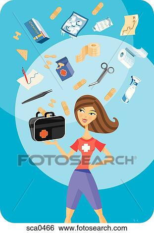 A woman carrying a first aid kit View Large Illustration Stock Illustration - A woman carrying a first aid kit. Fotosearch