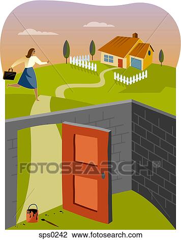 Drawing - A woman escaping through a painted door. Fotosearch
