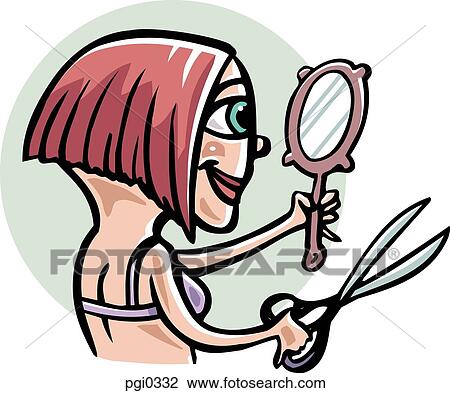 Drawing - A woman giving herself a haircut. Fotosearch